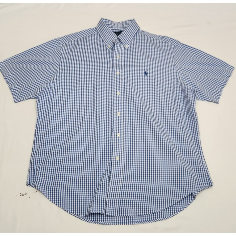 Ralph Lauren Men's Large Short Sleeve Button Down Shirt Blue Gingham Classic Fit